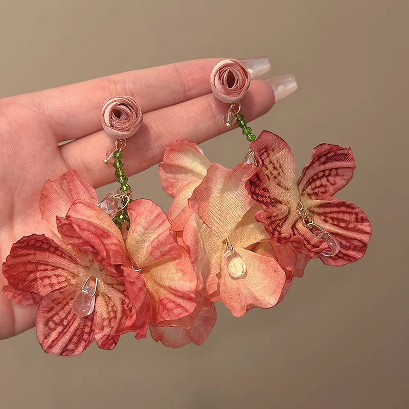 Women’s Jewelry Set Fashion Burning Rose Flower Tassel Earrings Super Fairy Retro Atmosphere Simulated Petal Earrings Unique And Exaggerated Earrings_ipsvogv.com