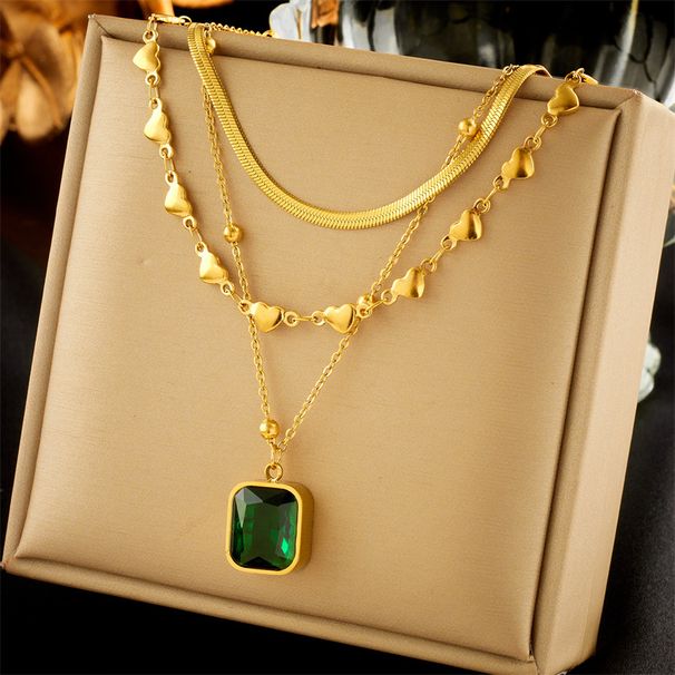 European and American fashion multi-layered mix and match stacked love snake bone chain emerald diamond cube pendant advanced versatile necklace_ipsvogv.com