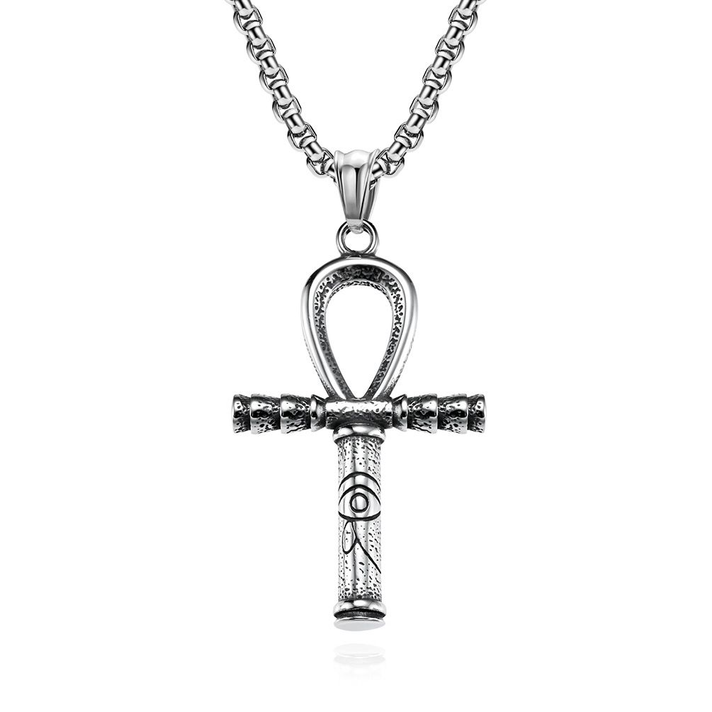 Ancient Egyptian Eye of Horus Ankh Titanium Steel Cross Necklace Niche Personality Artistic Retro Wear Pendant_ipsvogv.com