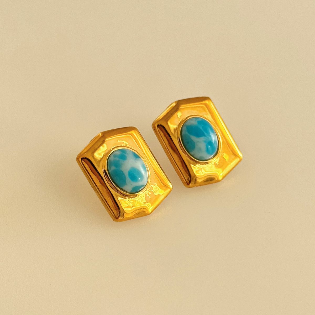 Hot Sale Real Gold Electroplated Titanium Steel Polished Lake Blue Natural Stone Earrings_ipsvogv.com