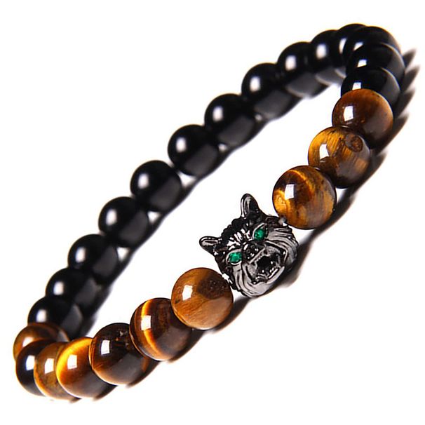 Natural Men's 8mm Tiger Eye Stone Obsidian Beaded Micro Paved Zircon Wolf Head Bracelet Jewelry_ipsvogv.com