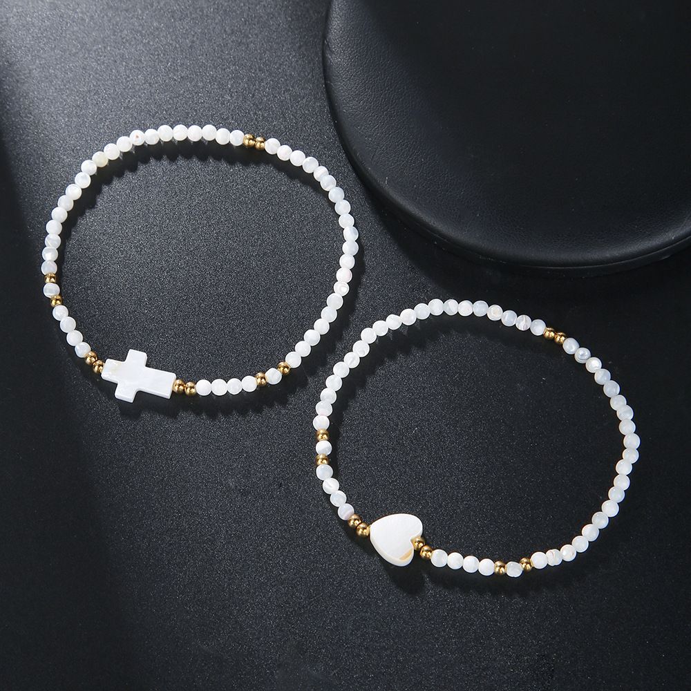 Ins Internet Celebrity Style Handmade String Shell Bead Bracelet Set Shell Cross Love Summer Beach Hand Jewelry Two Piece Set_ipsvogv.com