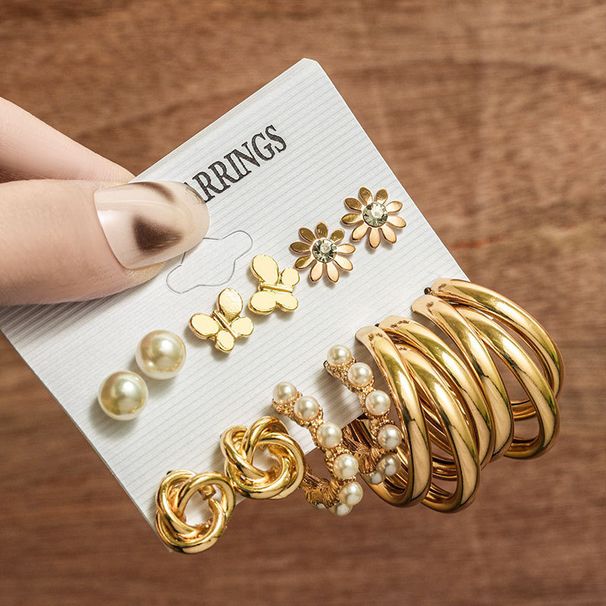 Earrings Set Creative Metal Geometric Pearl Hoop Earrings_ipsvogv.com
