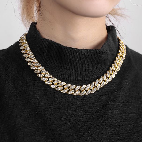 style Full Diamond Alloy 15MM Necklace Accessories Hip Hop Cuban Chain Men's And Women's Jewelry_ipsvogv.com