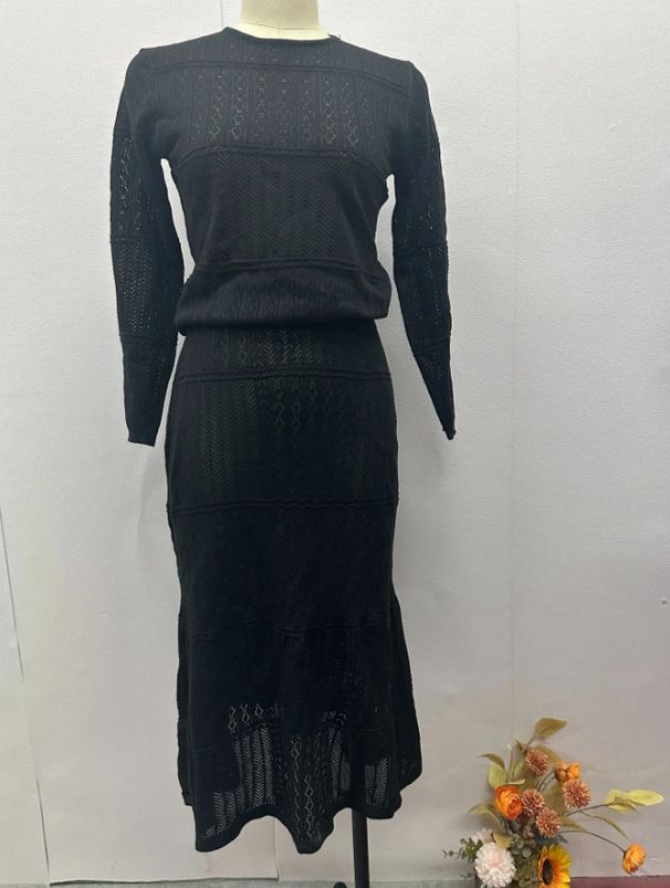 Women's Clothing solid color round neck slim fit long sleeve high waist long skirt suit for women_ipsvogv.com