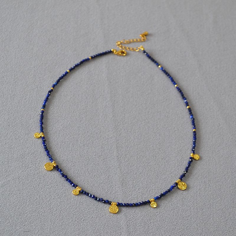 Small Niche Lapis Lazuli Turquoise Bead Gold Coin Pendant, Simple Temperament, Fine Necklace, Collarbone Chain_ipsvogv.com