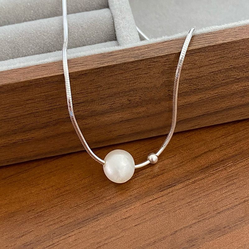 S Pure Silver Cream Round Bead Freshwater Pearl For Girls, Sweet Girl Style Snake Bone Necklace Necklace, Collarbone_ipsvogv.com