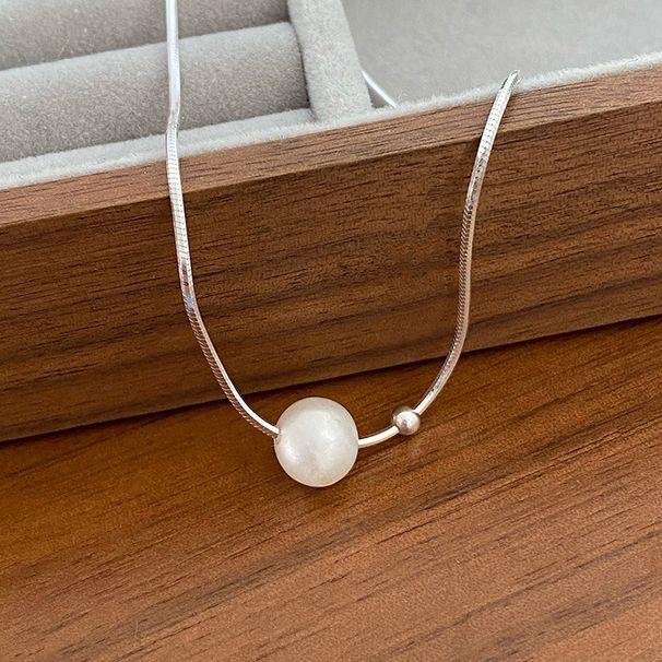S Pure Silver Cream Round Bead Freshwater Pearl For Girls, Sweet Girl Style Snake Bone Necklace Necklace, Collarbone_ipsvogv.com