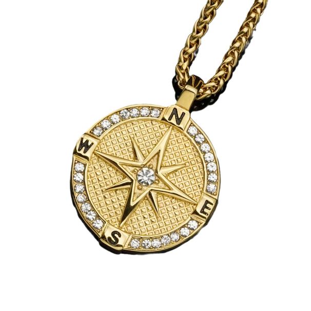 Fashion new stainless steel dot diamond solid bottom compass pendant personality men and women hip hop necklace_ipsvogv.com