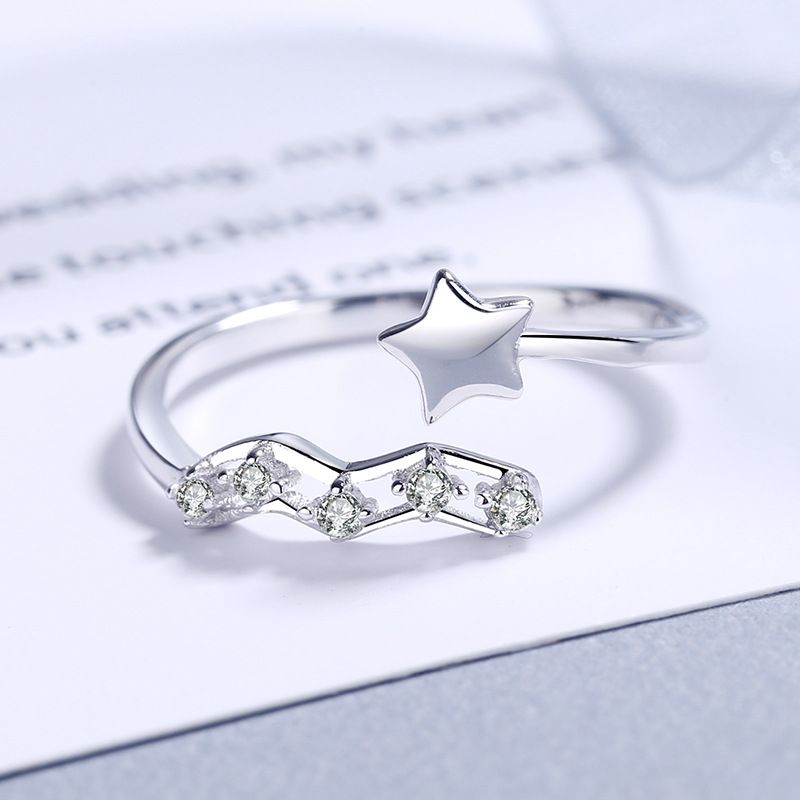 Star Studded Diamond With Hollowed Out S Sterling Silver For Women's Pentagram Open Mouth Ring Korean Version Creative_ipsvogv.com