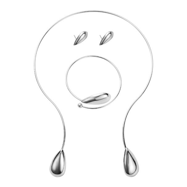 N12345 new creative niche design metal minimalist droplet shaped collar bracelet earring set_ipsvogv.com