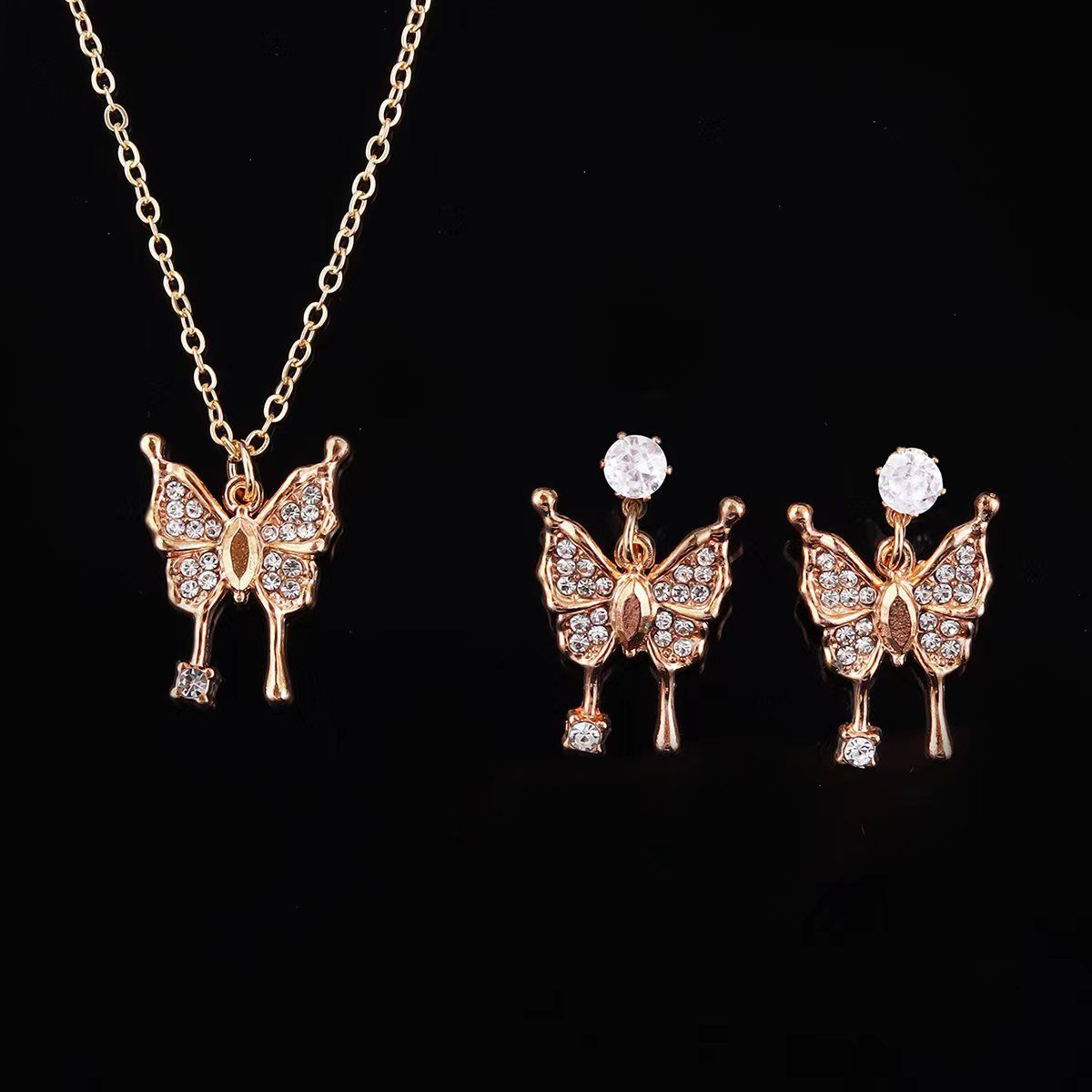 Jewelry niche design diamond butterfly necklace earrings two-piece fashion accessories_ipsvogv.com
