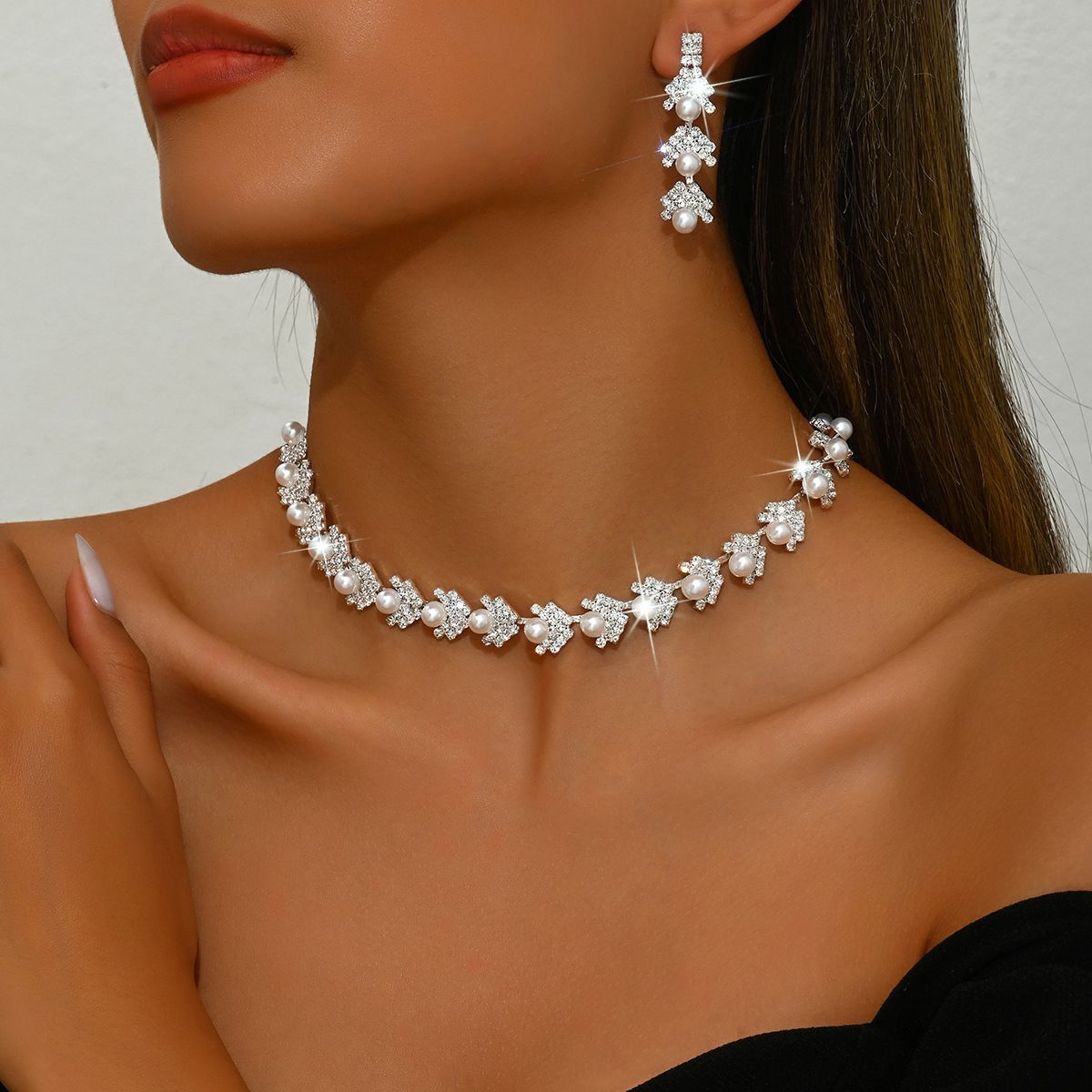 Women’s Jewelry Set Fashion Rhinestone Pearl Bridal Necklace Bracelet Three Piece Jewelry Fashion Full Diamond Earrings Exaggerated_ipsvogv.com