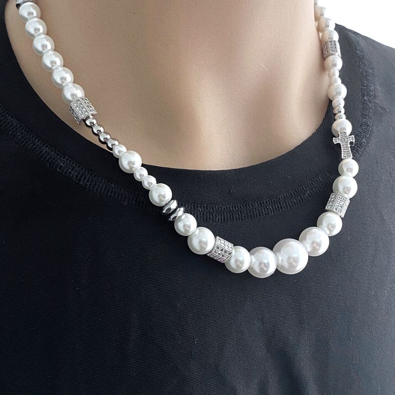 New Pearl Studded Diamond Collarbone For Men, Trendy Ins, Hip-hop, Cross, Light Luxury, Women's Summer, Niche Necklace_ipsvogv.com