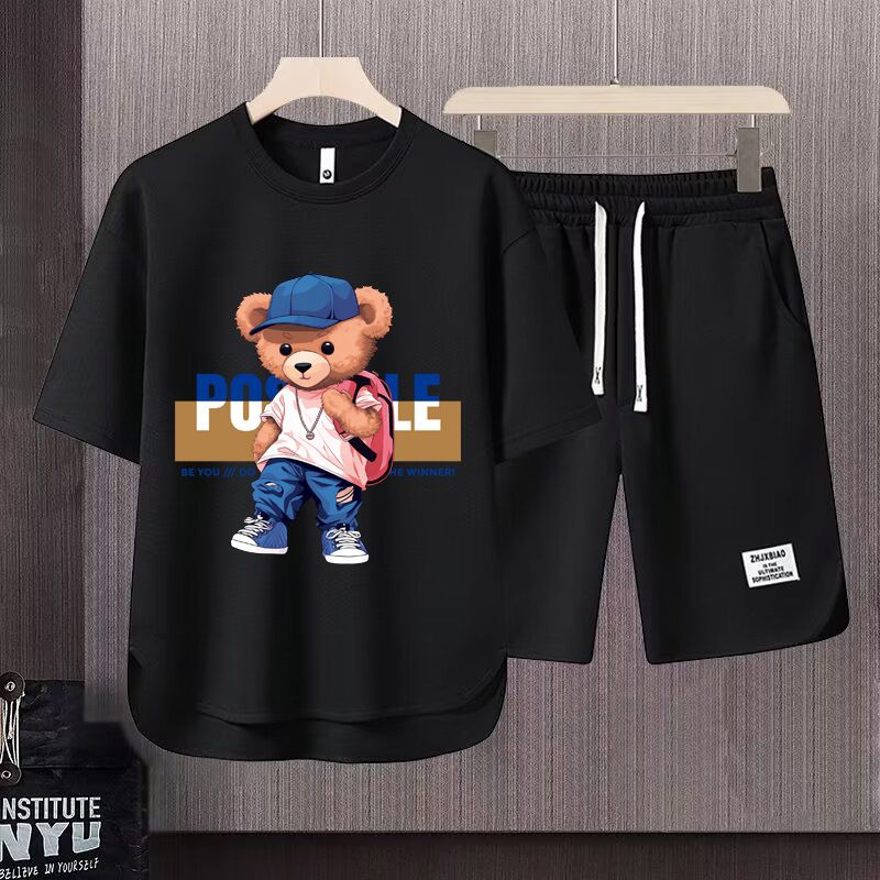 Men's Clothing 2024 Waffle Casual Summer Suit Men's Loose Teen Short sleeved T shirt Shorts Handsome Two piece Suit_ipsvogv.com