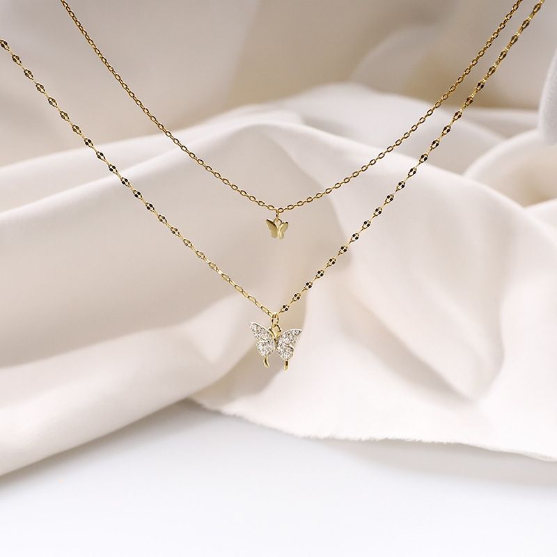 S999 Sterling Silver Double Layer Butterfly Necklace Female Niche Cold Style Sterling Silver Stacking Clavicle Chain 520 For Girlfriend_ipsvogv.com