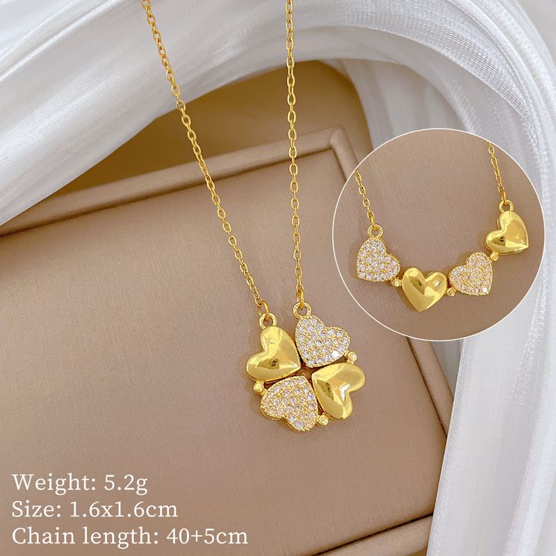 【 】 Women's New Necklace, Two Piece To Heart Opening Four Leaf Flower Full Diamond Versatile Clavicle Chain, Titanium_ipsvogv.com