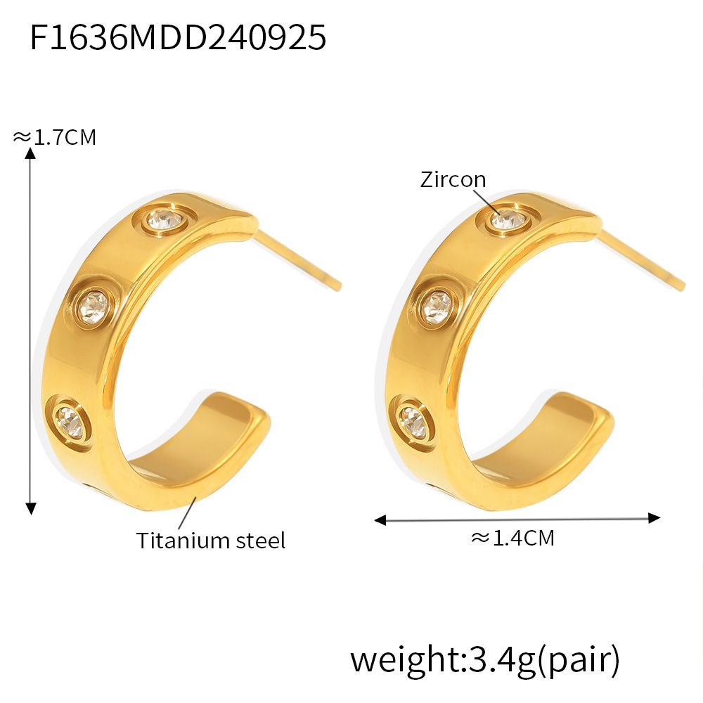 Women's Jewelry C Shaped Zircon Earrings Simple Cold Style K Gold Plated Titanium Steel Earrings_ipsvogv.com