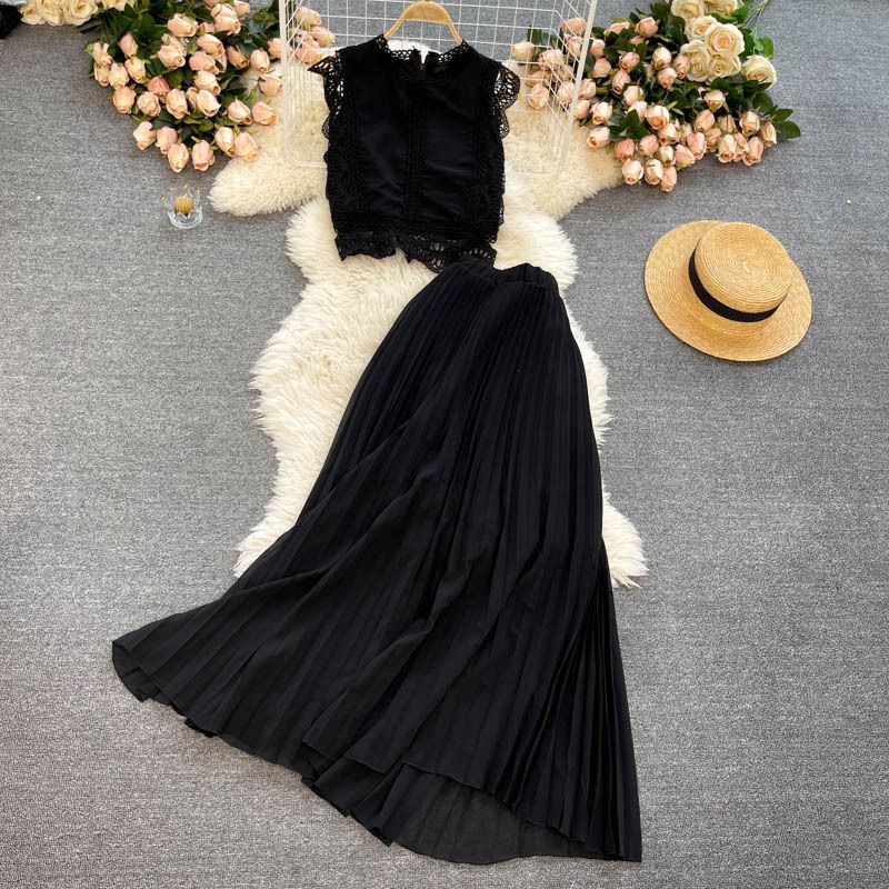 Women's Clothing lace top high waist slim pleated chiffon skirt two piece set_ipsvogv.com