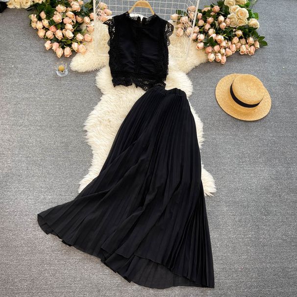 Women's Clothing lace top high waist slim pleated chiffon skirt two piece set_ipsvogv.com