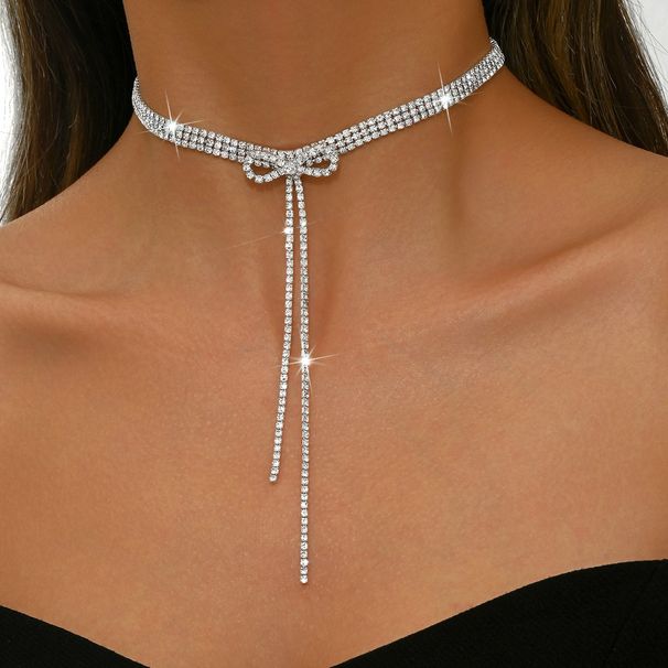 Bow Tassel Necklace - Full Diamond Clavicle Chain For Women_ipsvogv.com