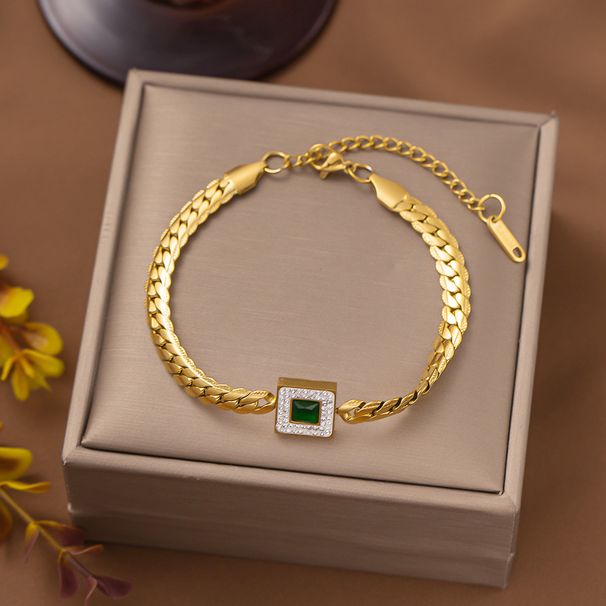 New Fashion Versatile Square Emerald Zircon Titanium Bracelet Women's Stainless Steel Jewelry Set_ipsvogv.com