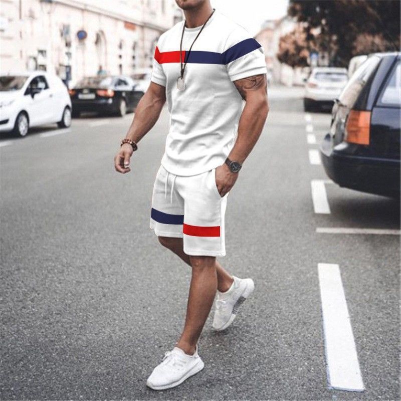 Men's Clothing home leisure men's thin short-sleeved sports striped round neck fitness suit men's T-shirt trendy two-piece suit_ipsvogv.com