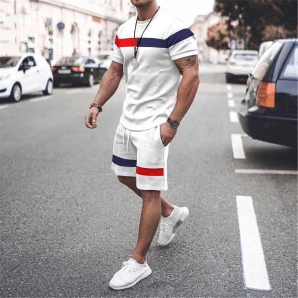Men's Clothing home leisure men's thin short-sleeved sports striped round neck fitness suit men's T-shirt trendy two-piece suit_ipsvogv.com