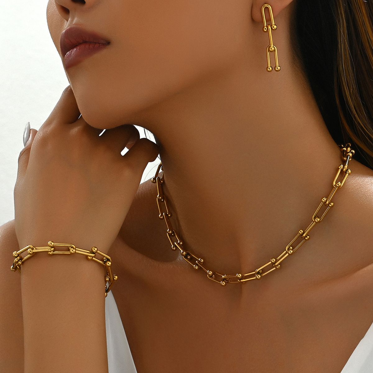 Feng Women's Necklace Earrings Set Simple U-shaped Horseshoe Buckle Splicing Bracelet Jewelry_ipsvogv.com