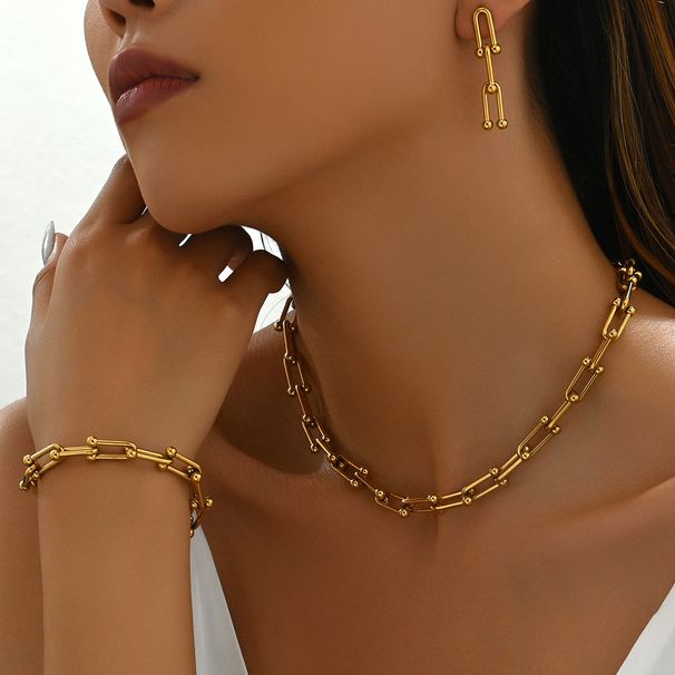 Feng Women's Necklace Earrings Set Simple U-shaped Horseshoe Buckle Splicing Bracelet Jewelry_ipsvogv.com
