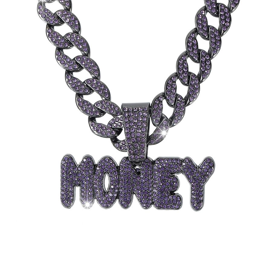 New Niche Alloy Adjustable Hip-hop Necklace Purple Money Cuban Full Diamond Pendant Collarbone Chain_ipsvogv.com