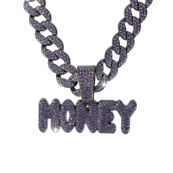 New Niche Alloy Adjustable Hip-hop Necklace Purple Money Cuban Full Diamond Pendant Collarbone Chain_ipsvogv.com