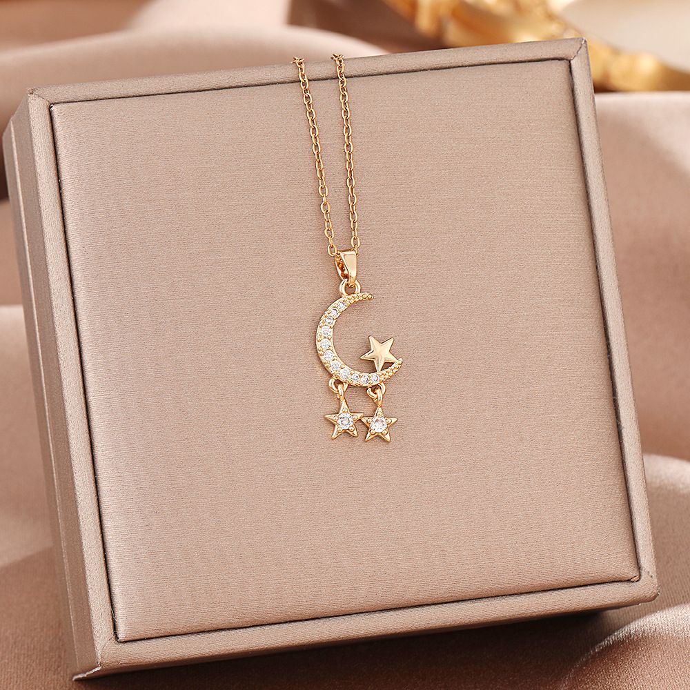 Korean Version Of Ins Style Titanium Steel Necklace, Female Niche Design, Zircon Moon Star Tassel, Internet Famous_ipsvogv.com