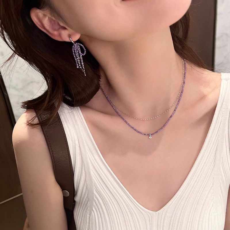 mud Summer Taro Girl Colorful Bead Zircon Pendant ! With White Crystal Collarbone Chain, Dreamy Purple Necklace Chain,_ipsvogv.com