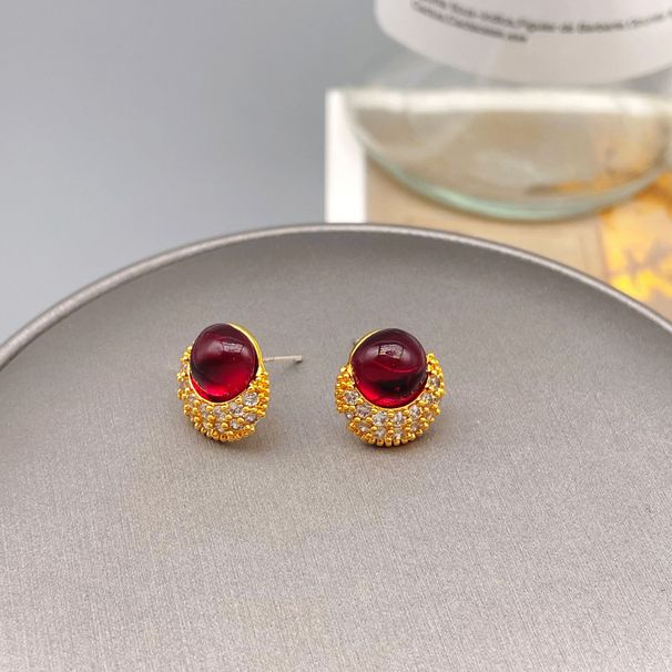 Exquisite compact Japanese Korean New Year small zircon inlay, red earrings with a sense of luxury, fashionable and_ipsvogv.com