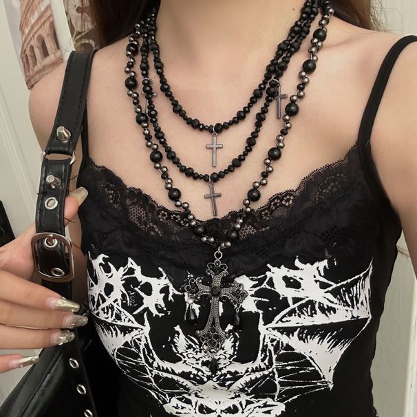 Gothic Punk Style Multi Layered Cross Beaded Necklace Female Long Fashion Hot Girl Clavicle Chain_ipsvogv.com