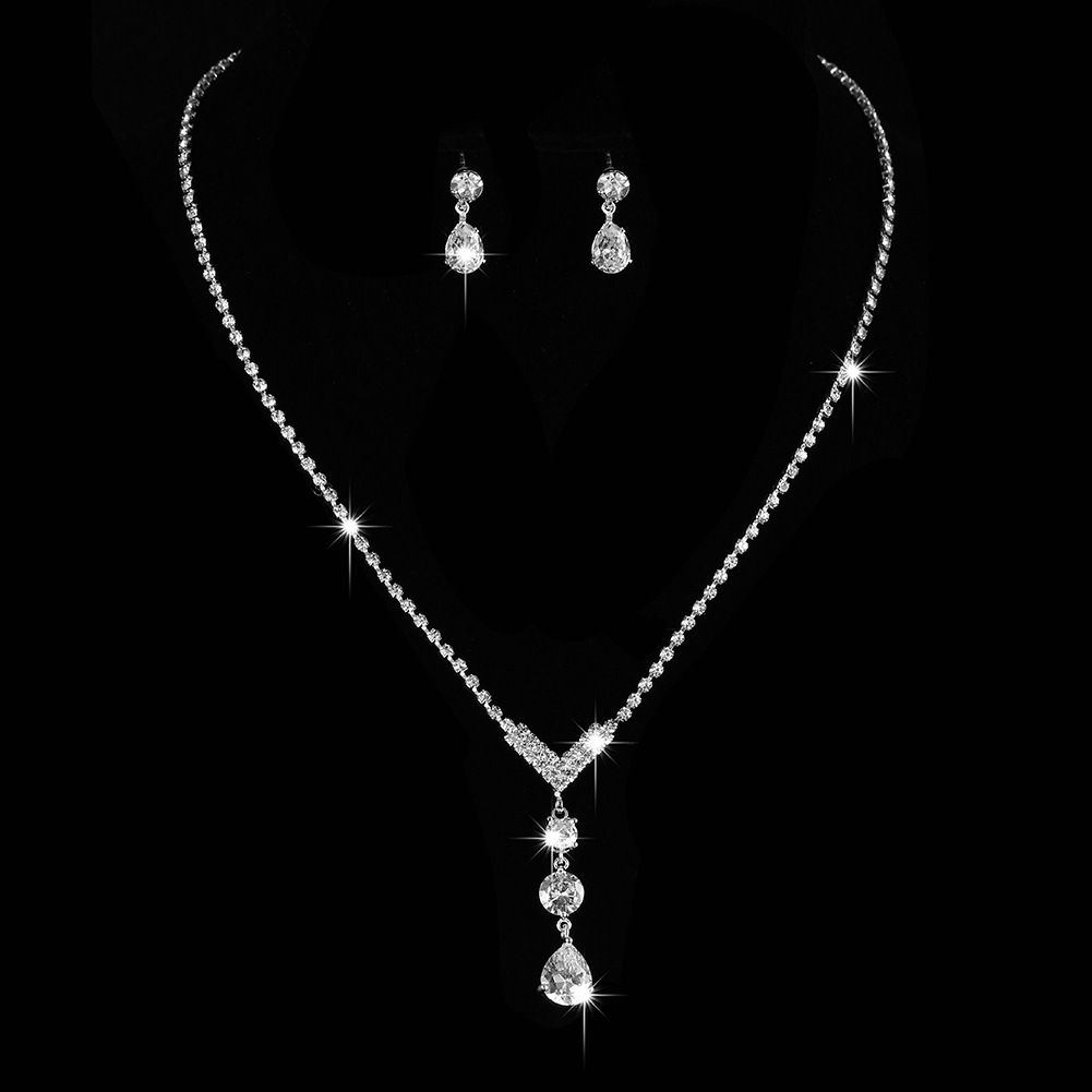 Elegant Bridal Jewelry Set - Zircon Claw Chain Necklace, Earrings & Bracelet (Wedding Celebration Accessories, Simple & Stylish Design)_ipsvogv.com