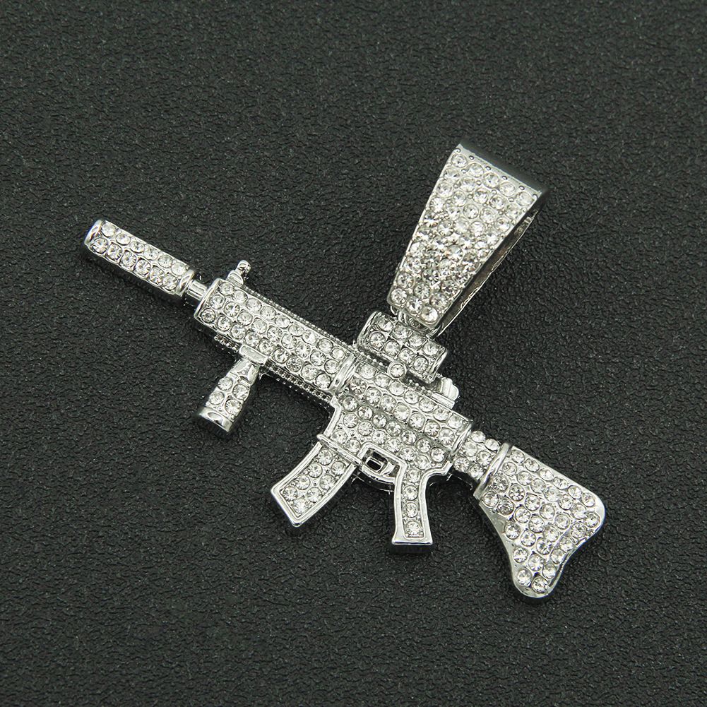 Hot selling new product, three-dimensional diamond gun pendant, Cuban necklace, men's cool and domineering wearing_ipsvogv.com