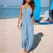 Women's Clothing deep V halterneck sleeveless pleated pocket back tie wide leg cuff long jumpsuit_ipsvogv.com