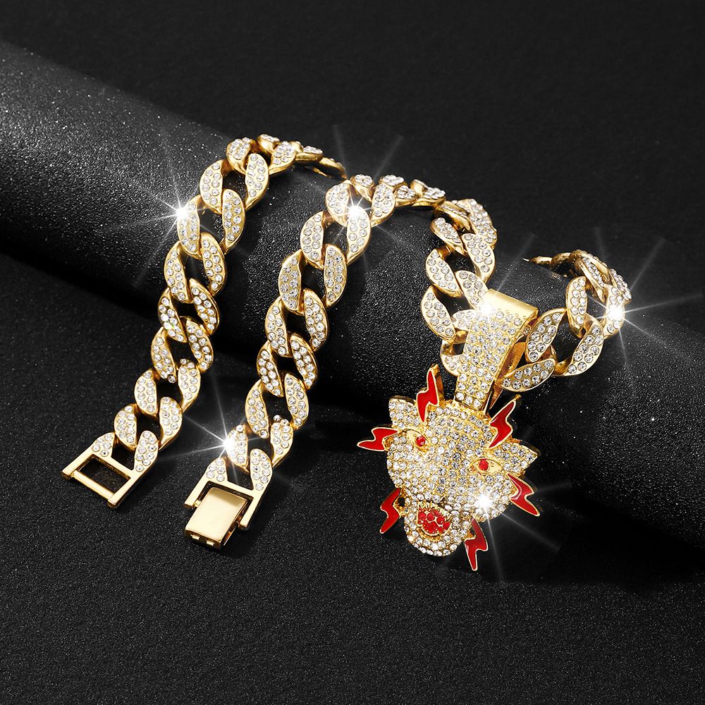 New Hip Hop Trend Leopard Pendant Drip Oil Full Diamond Cuban Necklace Jewelry_ipsvogv.com