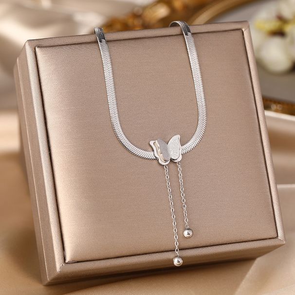 Titanium Plated Steel Tassel Necklace, Women's Genuine Gold Frosted Butterfly Pendant, Fashionable Blade Chain_ipsvogv.com