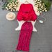 Women's fashion set female socialite temperament lantern long sleeve V-neck lotus leaf bright face shirt women's high waist sequin skirt_ipsvogv.com