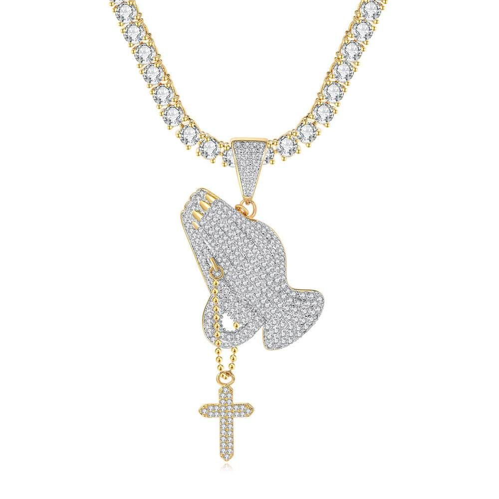 Unisex hip hop zircon pendant prayer gesture cross full diamond color gold plated necklace hot selling jewelry_ipsvogv.com