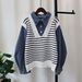 Women's Clothing Contrast color striped stitching denim sweater tops autumn and winter new Korean loose casual sweater pullover for women_ipsvogv.com