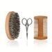 3pcs/set Men's Beard Grooming Tool Set Double-Sided Solid Wood Beard Comb Boar Bristle Cleaning Brush Beard Brush Stainless Steel Scissors _ipsvogv.com