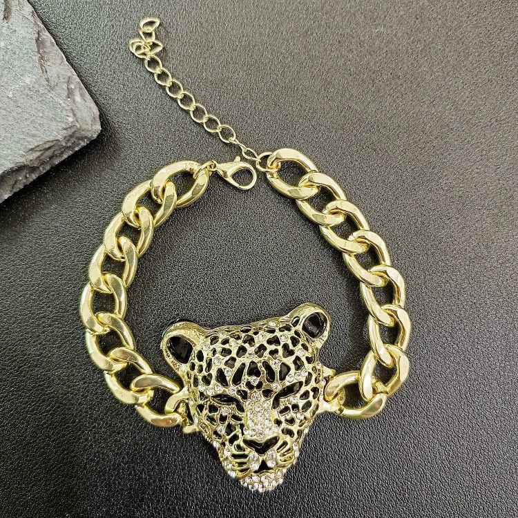 Unique Bold Diamond-Studded Leopard Bracelet For Men Creative Punk Hip-Hop Rock Thick Chain Jewelry_ipsvogv.com
