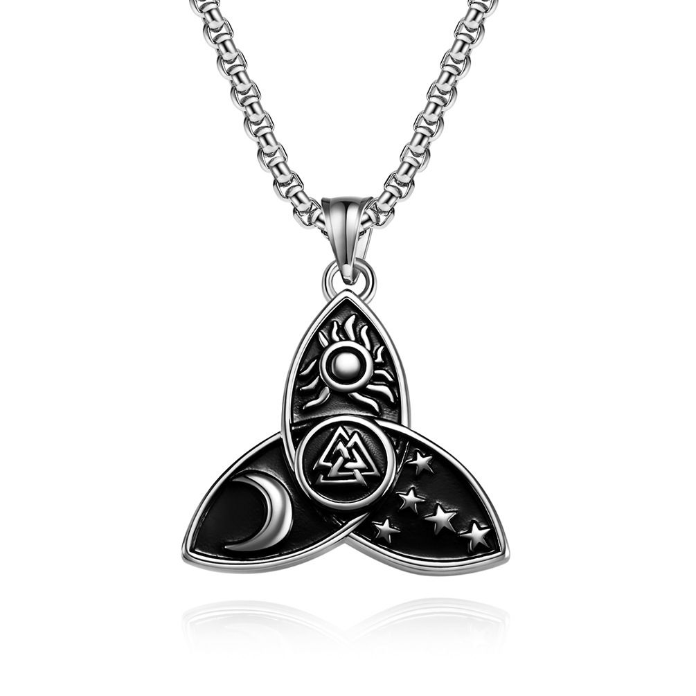 Nordic Celtic triangle knot star moon sun titanium steel necklace myth Odin triangle knot pendant_ipsvogv.com