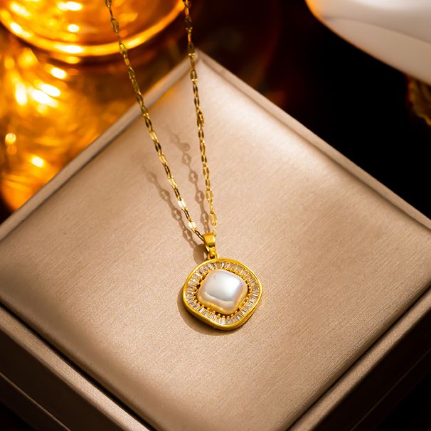Temperament Gold Square Titanium Steel Necklace Versatile Zircon Necklace Temperament Colorful Mabei Necklace_ipsvogv.com