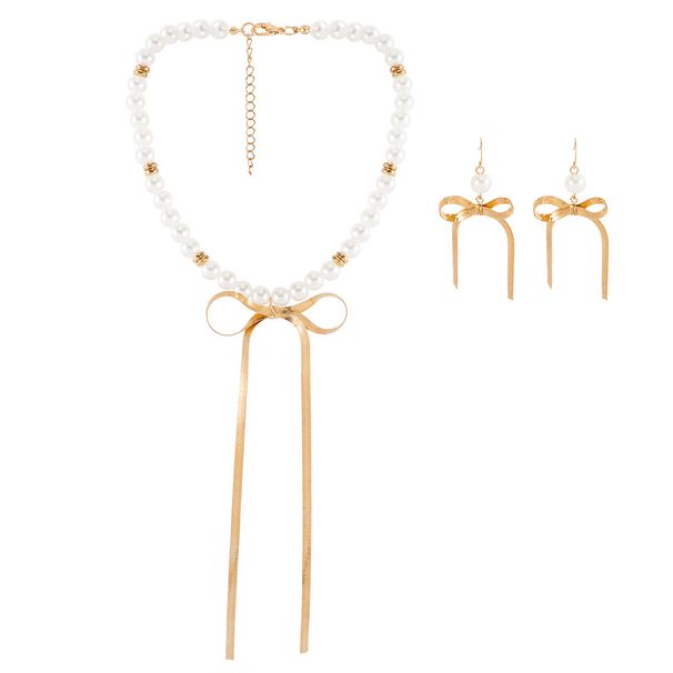 Korean Fashion Simple Pearl Metal Ribbon Bowknot Necklace Clavicle Chain NK24710_ipsvogv.com
