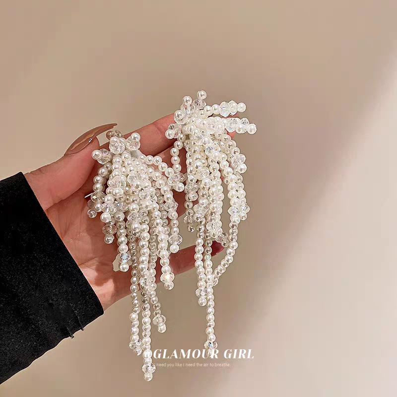 Women’s Jewelry Set Fashion Exaggerated Pearl Crystal Flower Tassel EarringsNew Style High End Temperament Fairy Earrings For Women_ipsvogv.com